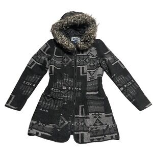 Green Envy Southwestern Aztec Print Hooded Coat Jacket Faux Fur Trim Size S